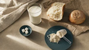 Editorial still-life of milk, white bread, pastry, sugar cubes and whey protein — common dietary triggers linked to acne