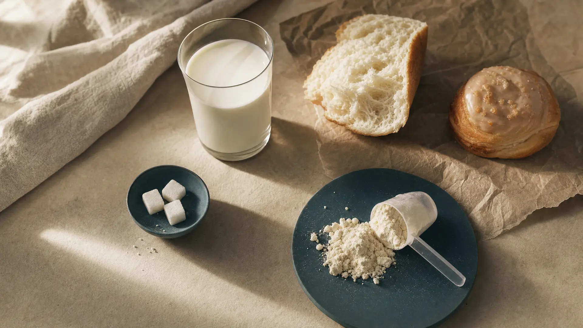 Editorial still-life of milk, white bread, pastry, sugar cubes and whey protein — common dietary triggers linked to acne
