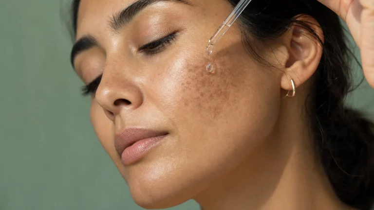 Skin brightening ingredients — serum applied to hyperpigmentation on a woman's cheek