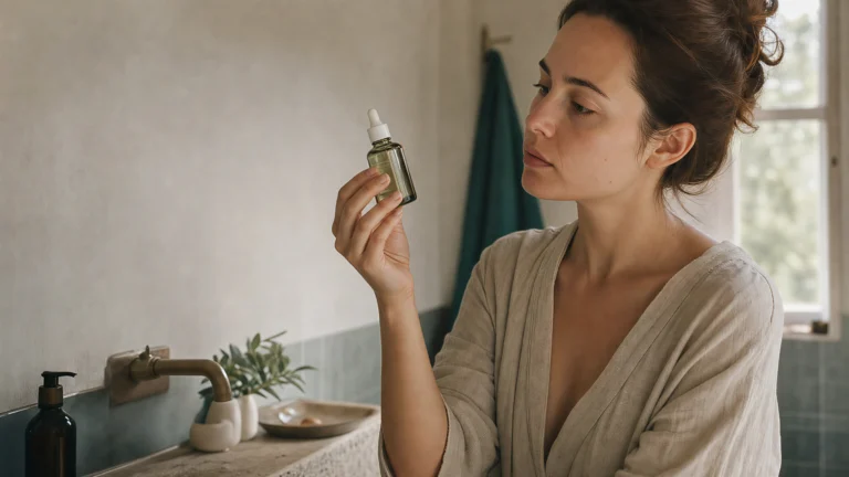 Woman examining skincare serum — understanding skin purging vs breakout